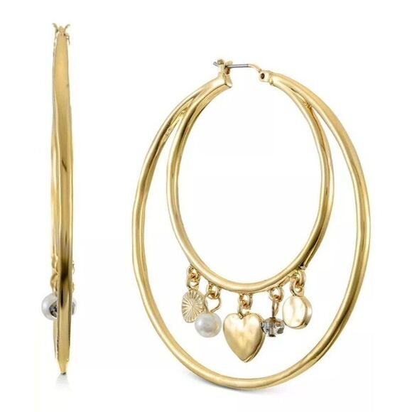 Style & Co Mixed Shaky Charm Heart Double-Row Hoop Earrings Women Gold Tone Larg - Picture 1 of 3